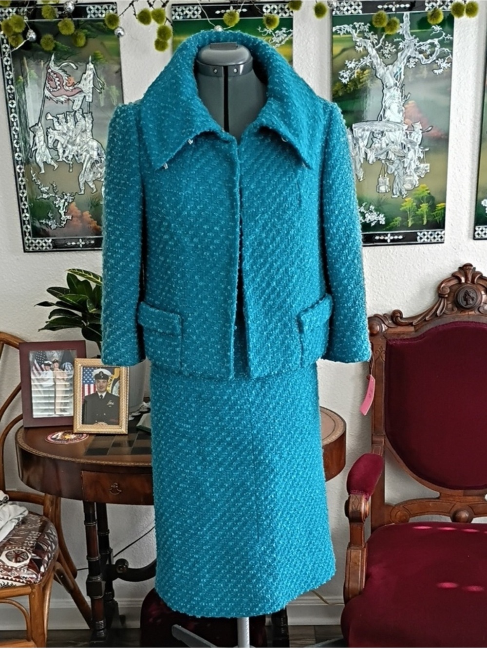 Teal Bouclé Women's Blazer & Skirt Suit